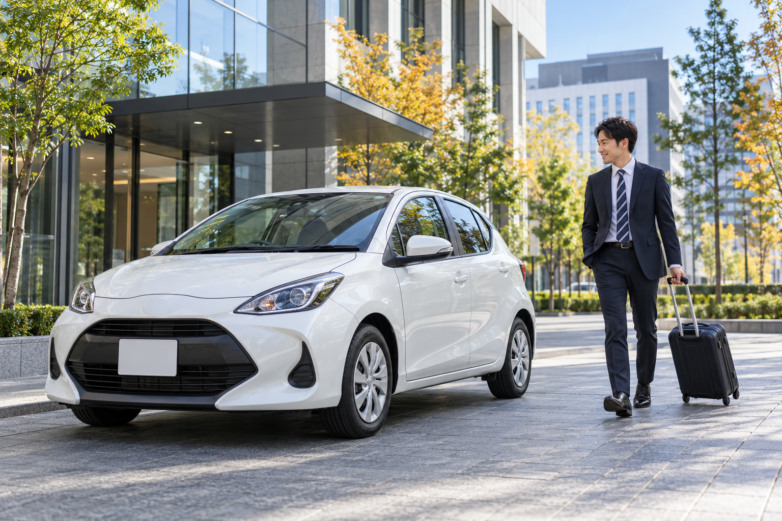 オフィス前で車を利用する出張者のイメージ