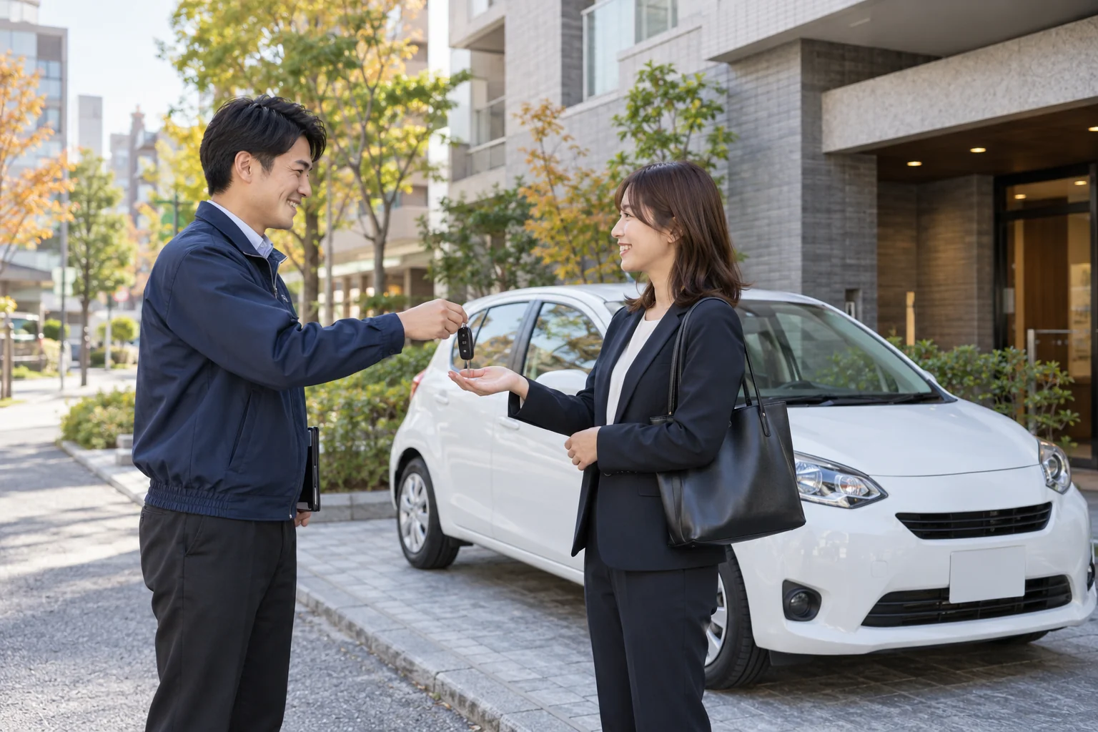 住まいの前で車の鍵を受け取る利用者のイメージ